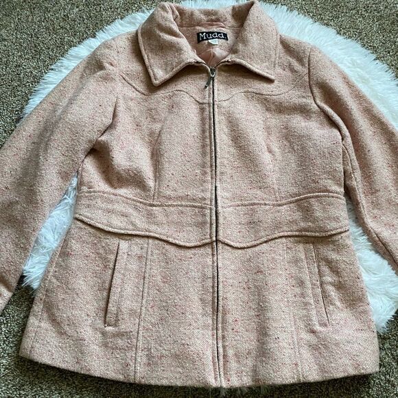 Mudd Vintage Wool Blend Pink Tweed Jacket Coat Womens Size Large Pockets Lined - Picture 5 of 10